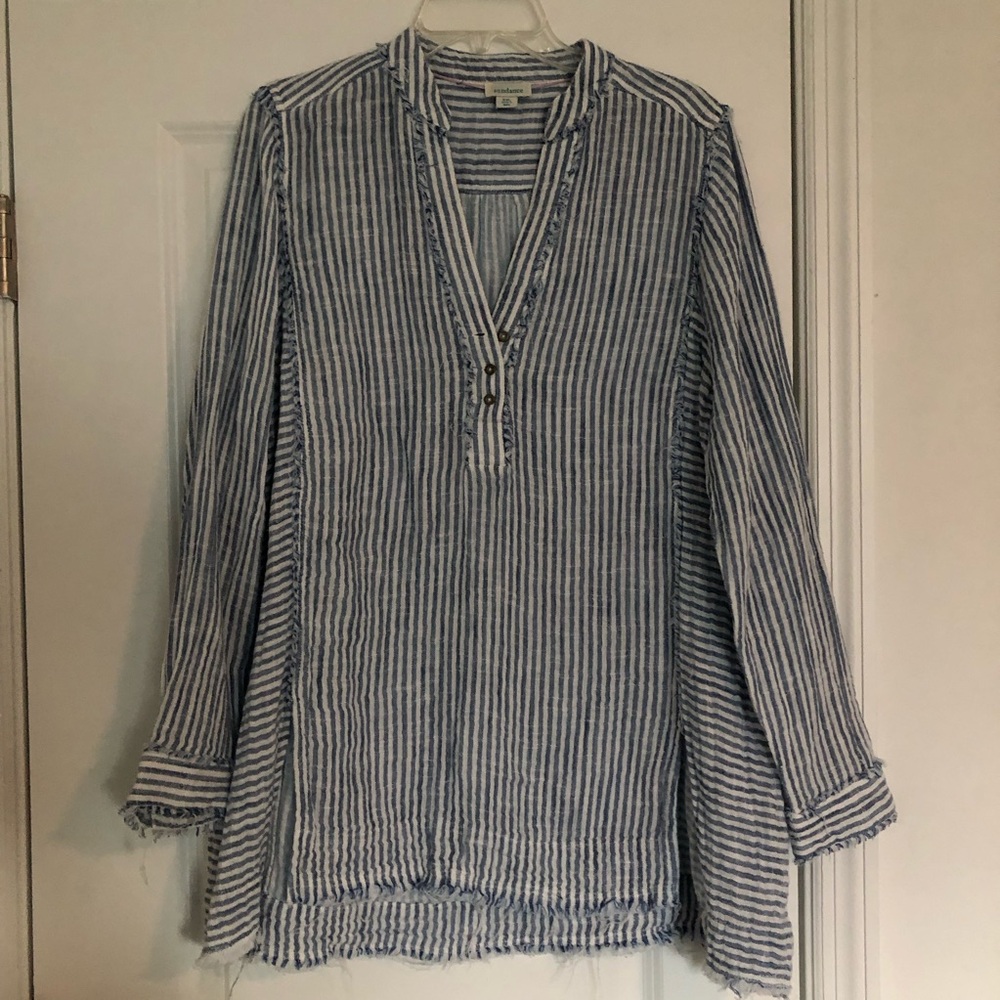 Sundance Blue and White Raw Hem Tunic Style Shirt